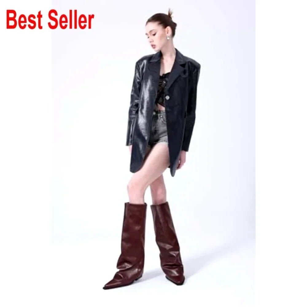 Faux Leather Over the Knee Boots with Chunky Heel and Pointed Toe